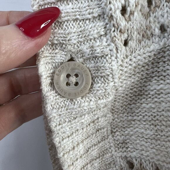 Eddie Bauer Sz M / L Poncho Sweater Beige Open Knit V-neck Short Sleeve Women’s - Picture 5 of 10